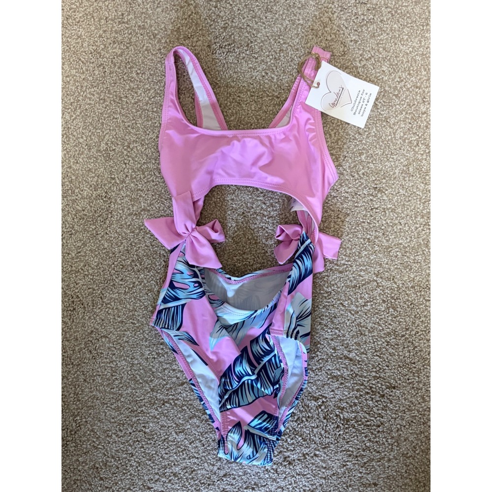 Grandma's Little Loves Girls Pink Tropical Palm Cutout One Piece Swimsuit 4T NEW
